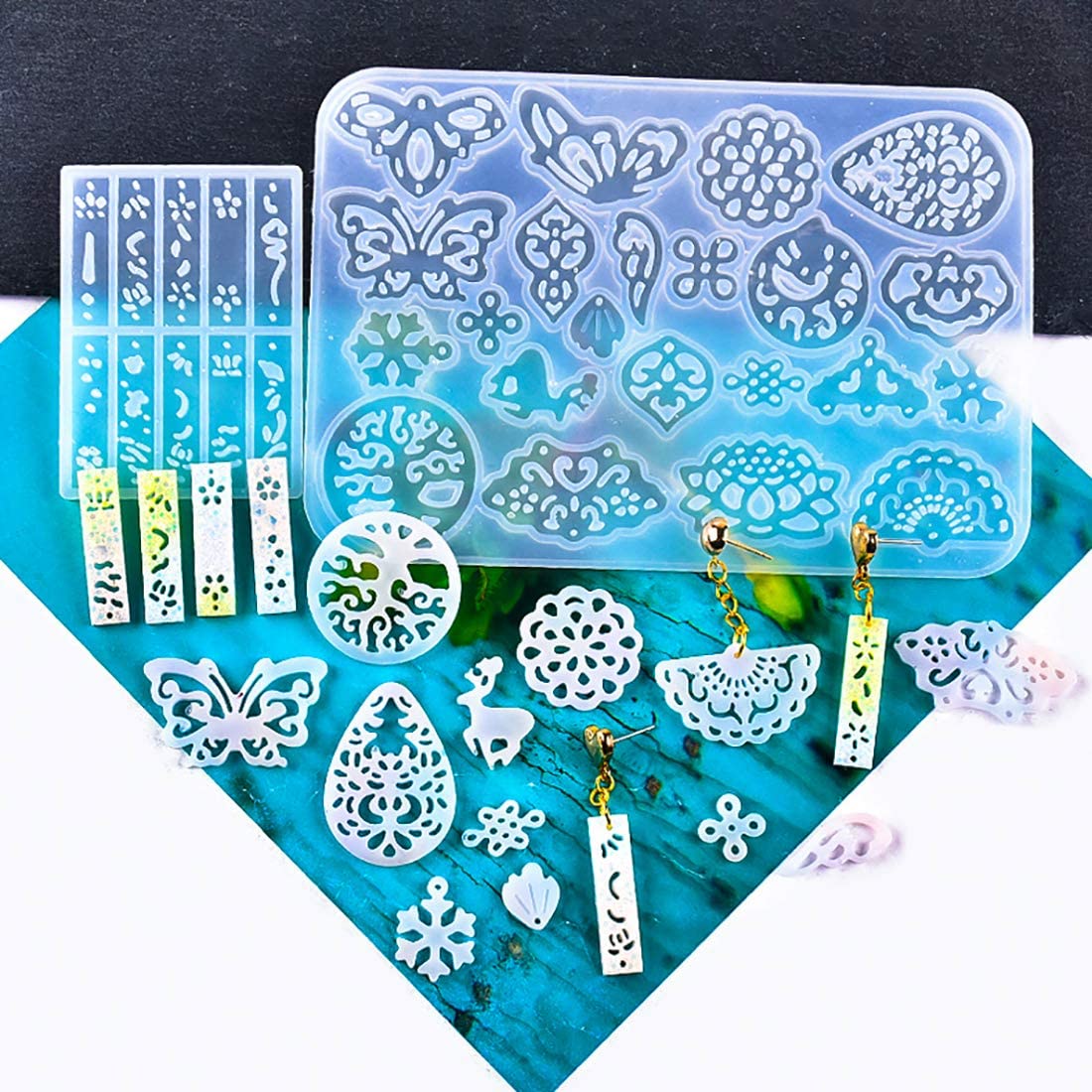 Resin Mold,Earring Mold Epoxy Pendant Molds Jewelry Molds Casting Silicone Molds Resin Leaf,Teardrop, Round, Heart Shaped, Snowflake Etc (Cute Earring Mold)