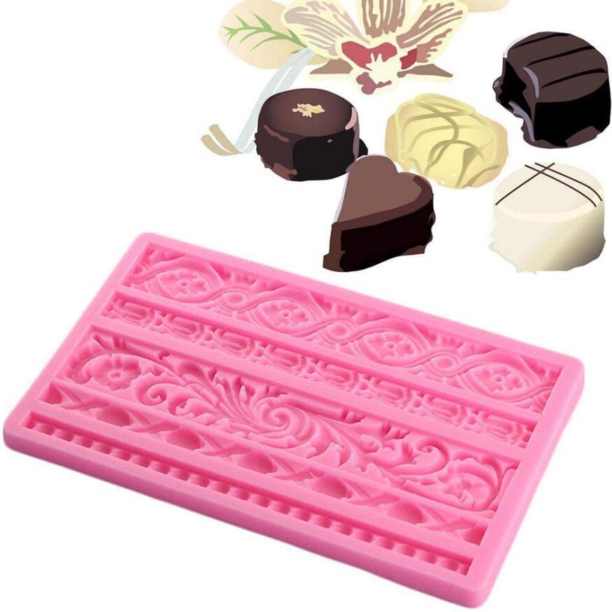 DIY Baroque Scroll Relief Cake Border Silicone Molds, Baroque Style Curlicues Scroll Lace Fondant Silicone Mold, European Frame Cake Decorating Tools, Relief Flower Lace Mould Mat(Pink)