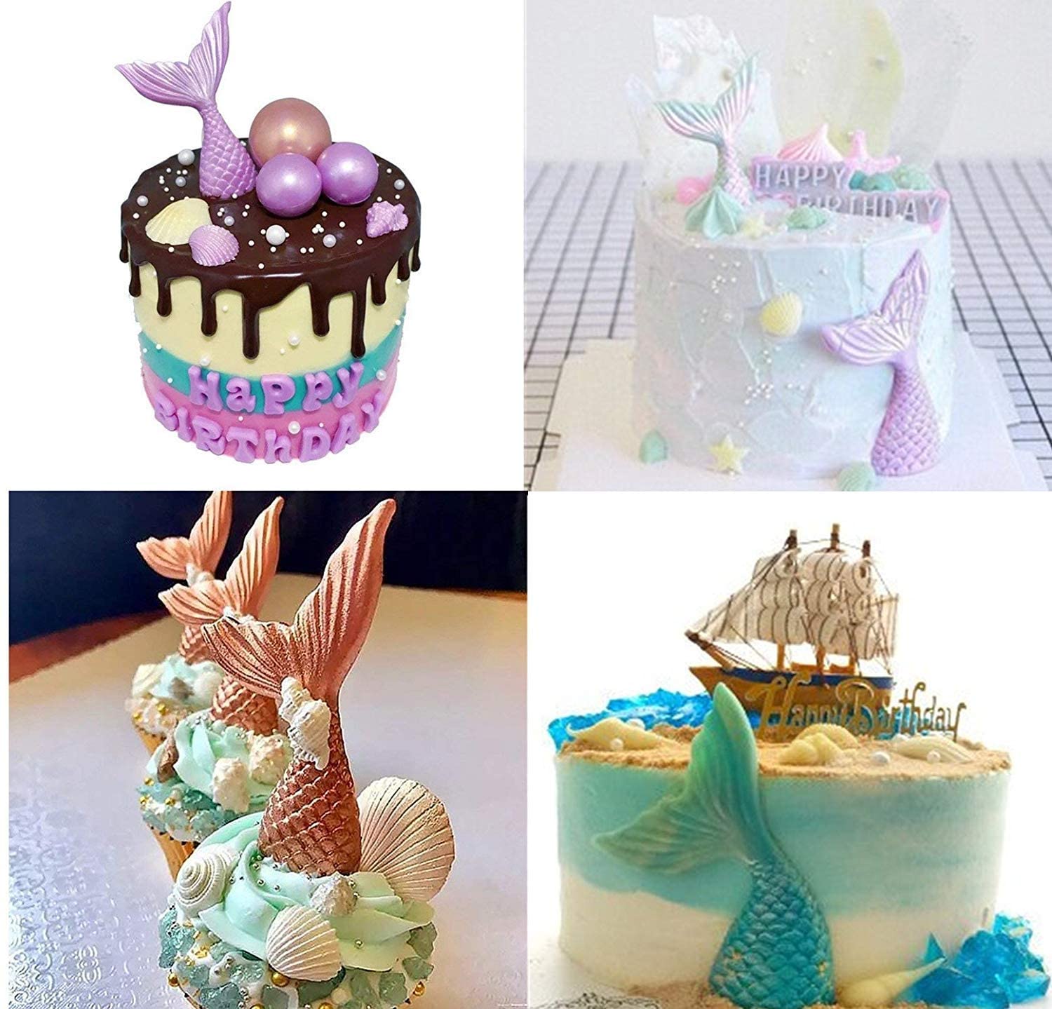 Marine Theme Fondant Silicone Mold,Seashell,conch, Mermaid Tail,Seahorse,starfish,coral, DIY Handmade Baking Tools for Mermaid Theme Cake Decoration