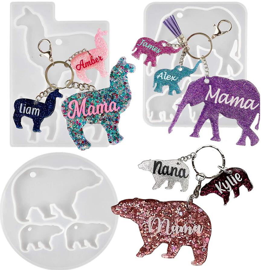Keychain Charms Epoxy Resin Silicone Molds Set Mom and Baby Tag Llama Bear Elephant