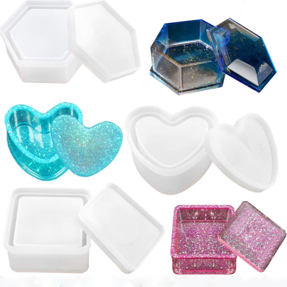 Box Resin Molds, Jewelry Box Molds with Heart Shape Silicone Resin Mold, Hexagon Storage Box Mold and Square Epoxy Molds for Making Resin Molds