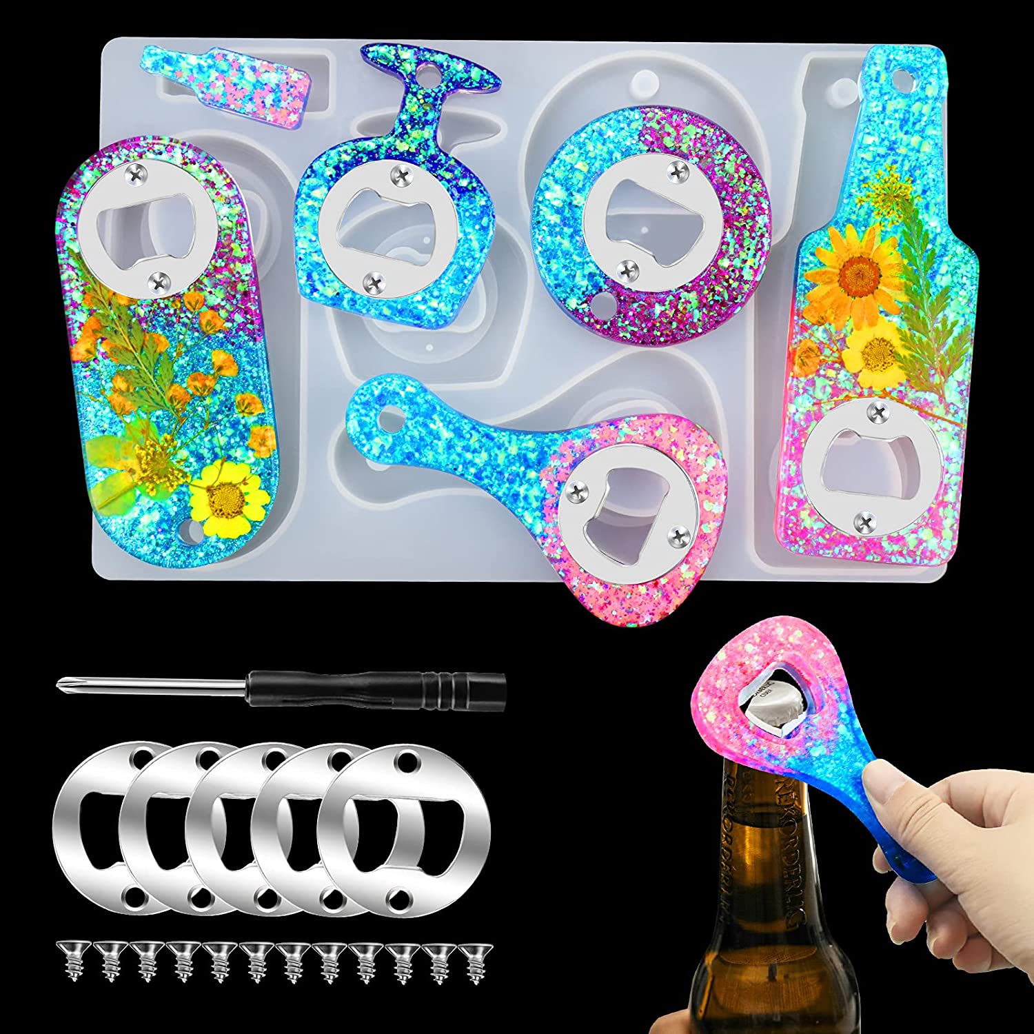 Amazon Hot Sale Bottle Opener Resin Molds Kit, Beer Opener Silicone Molds for Epoxy, Resin Jewelry Casting Molds for Wine Corkscrew, DIY Crafts Making 