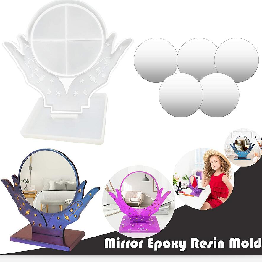Amazon Hot Sale Makeup Mirrors Resin Mold with Base, Silicone Molds for Small Hand Shaped Table Top Cosmetic Mirror DIY Epoxy Photo Frame Mould Including 5 Pcs of 4in Shatterproof Lens 