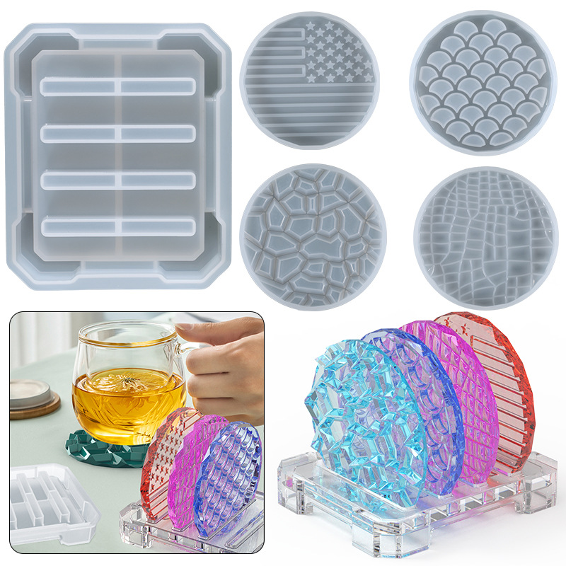 Coaster Molds for Resin Casting, 4PCS Round Resin Coaster Molds with Coaster Holder Mold, Different Pattern Silicone Coaster Molds for Epoxy Resin DIY Home Decoration, Cup Coaster Mold Set-5pcs