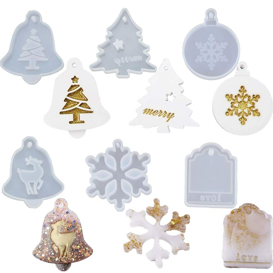 Silicone Resin Epoxy Molds for Christmas Ornament, Coaster Casting, Resin Pendant Mold with Hanging Hole, Jewelry Making, Snowflake, Xmas Tree, Elk, Bell, Tag Pattern