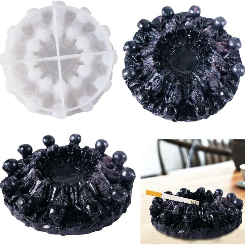 Skull Ashtray Resin Mold 12PCS Skull Silicone Skeletons Jewelry Storage Round Box Mold for DIY Epoxy Resin Halloween Candlestick Home Decoration