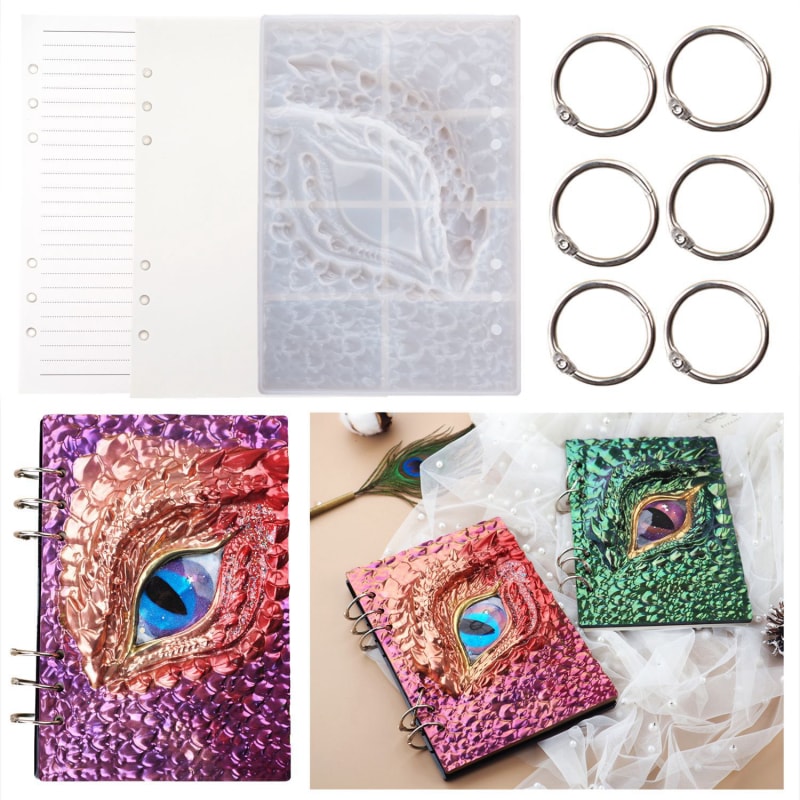 Resin Notebook Mold Kit for A5, Unique Dragon Eye Pattern Silicone Molds for Notebook Cover, DIY Notebook Cover Molds Include Front and Rear Cover, Filler Paper, Book Ring Binder 