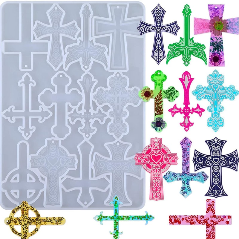 12 Cavity Cross Resin Molds for Keychain DIY Craft Necklace Jewelry Pendant Making Halloween Gifts
