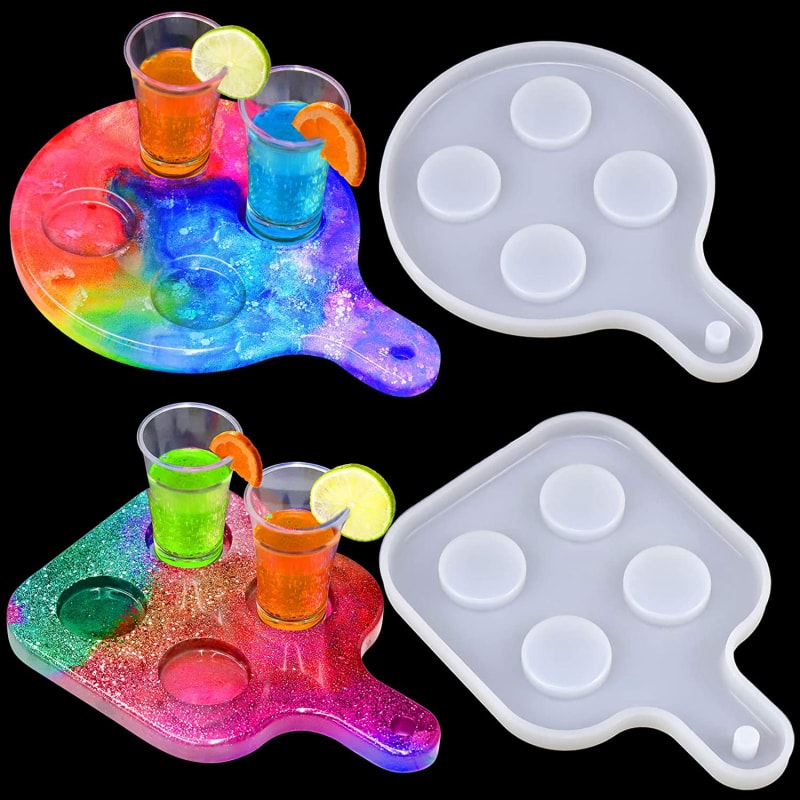 2 Shapes Shot Glass Serving Tray Resin Mold, 8 Holes Silicone Wine Glass Holder/Beer Flight Paddle Serving Board Epoxy Casting Mold for Party Home Decor