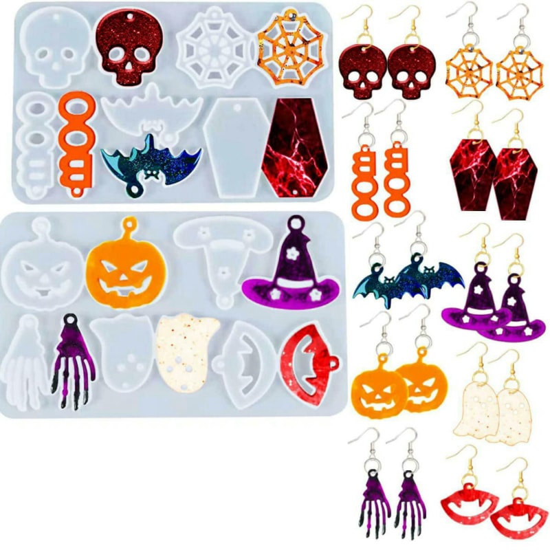 Halloween Earring Resin Molds with Hole, 10 Pairs Halloween Silicone Molds Skull Pumpkin Bat Spider Earring Epoxy Resin Jewelry Mold Halloween Pendant Keychain