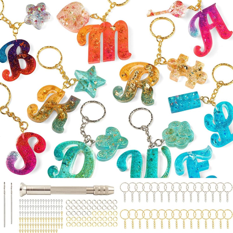 182Pcs Reversed Silicone Alphabet Resin Molds Kit, Fancy Letter & Ornament Molds Epoxy Resin Casting Molds Resin Keychain Making Set with 1 Hand Drill 2 Drill Bits 30 Key Rings 100 Screw Pins