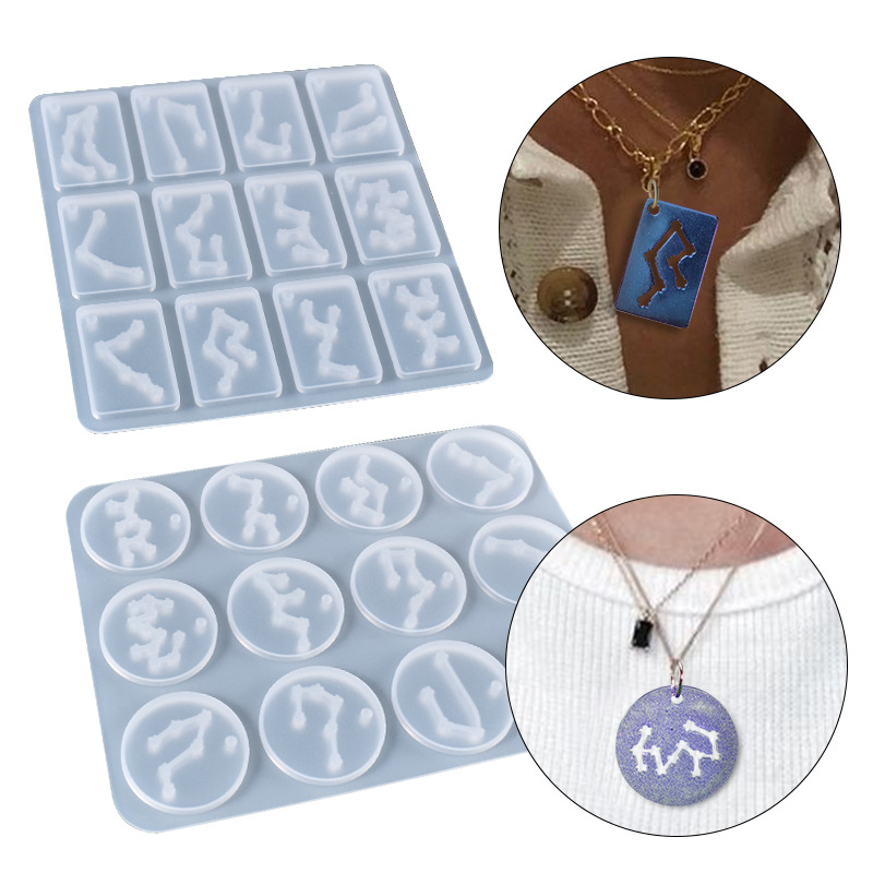 12 Constellations Resin Molds, Discs Zodiac Molds Pendant Epoxy Resin Silicone Mold, Rectangle Silicone Resin Molds for Keychain Jewelry Making (2 Shapes)