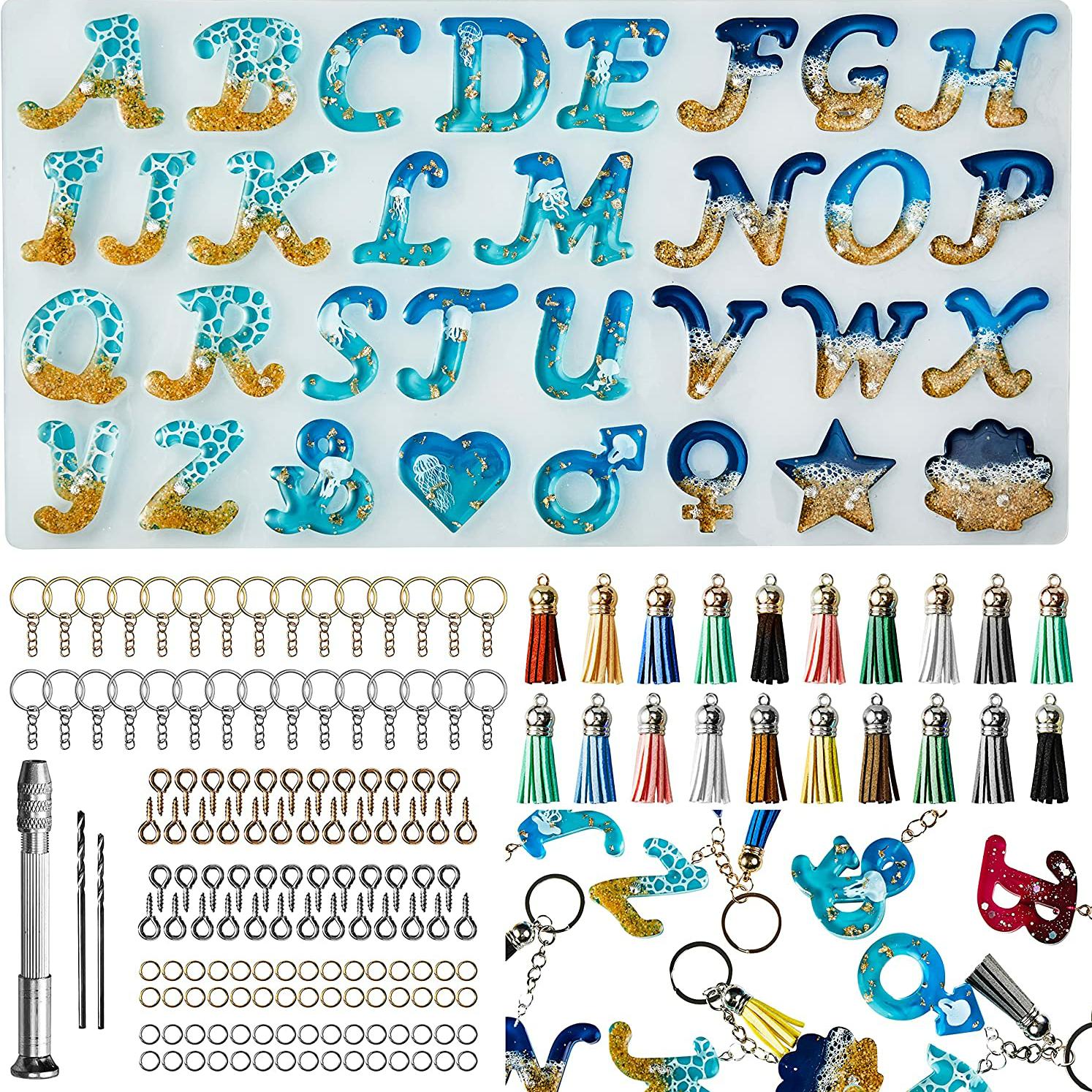 164Pcs Obverse Alphabet Resin Molds Kit, Letter & Ornament Epoxy Molds Resin Keychain Making Set with 1 Hand Drill 2 Drill Bits 160Pcs Keychain 