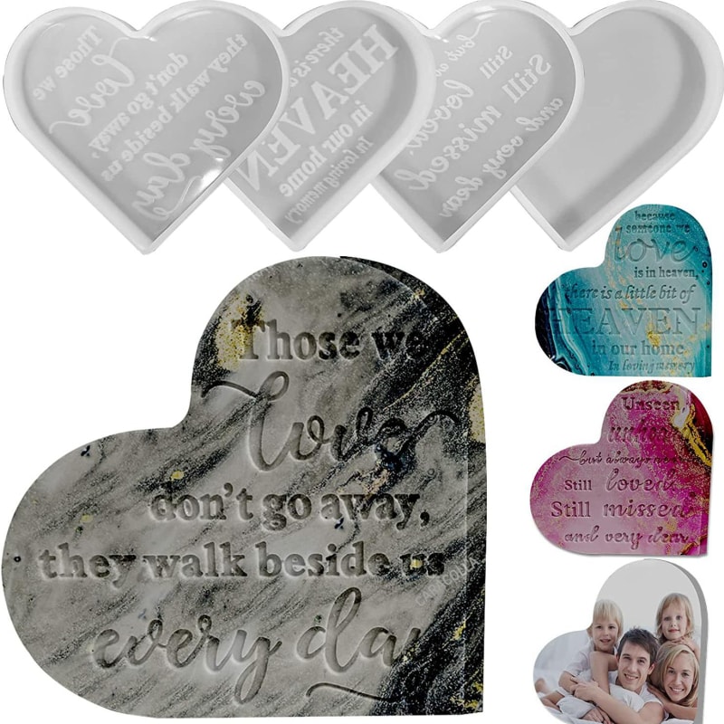 Heart Sign Epoxy Resin Molds Heart Memorial Mold Sign Condolence Grief Signs Silicone Casting Molds DIY Craft Home Decor Office Sign Sympathy Table Decorations (4 Styles)