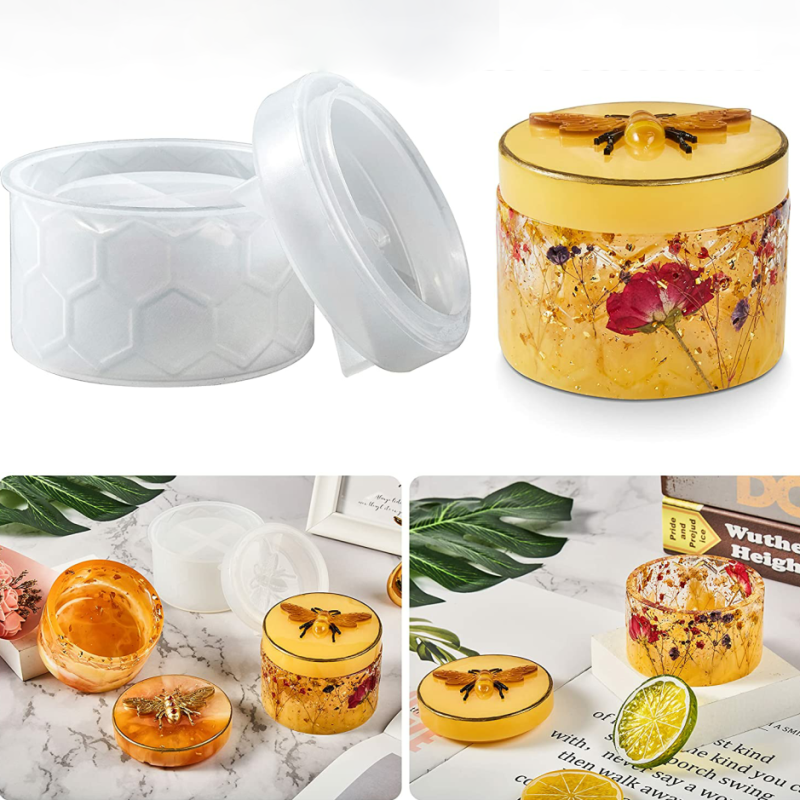 Honeycomb Bee Pattern Jars Silicone Molds with Lid, Epoxy Box Resin Casting Molds for Storage Bottle, DIY Storing Organizing Jewelry Candy Container