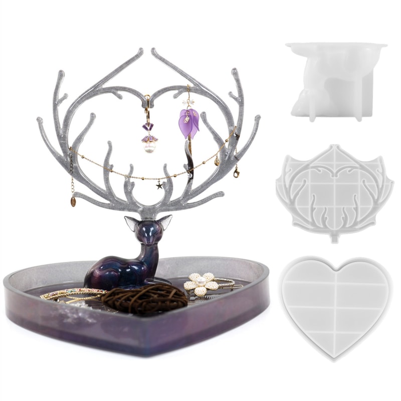 Deer Jewelry Organizer Molds and Heart Tray Mold for DIY Crafts Accessories Holder Hanger Rack for Earrings Necklaces Bracelets Rings Storage Home Decor