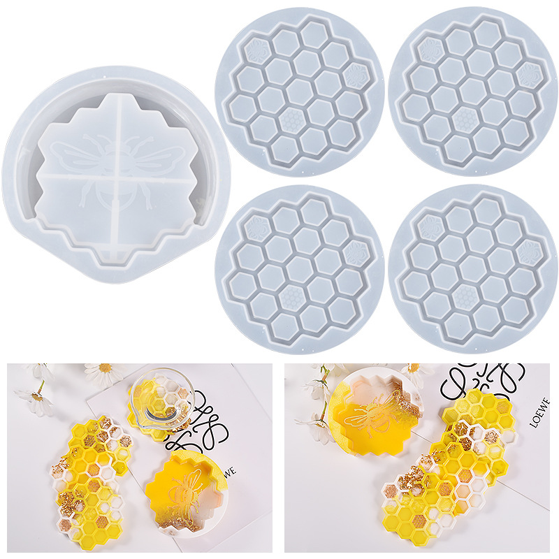 Honeycomb Coaster Resin Molds Set, 4Pcs Coaster Molds with Storage Box Mold, Coaster Molds for Resin Casting, Cup Mats, Home Decoration