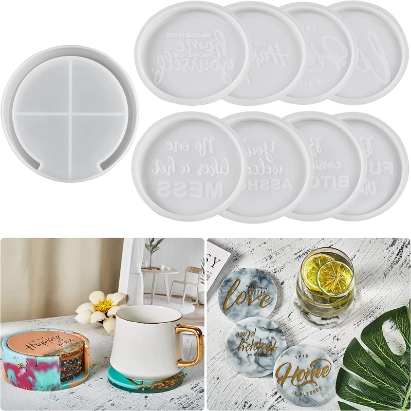 9Pcs Resin Coaster Molds, Include 4 Greetings 4 Funny Words Coaster Molds with 1Pc Coaster Storage Molds for DIY Resin Coaster, Cups Mats, Home Decoration