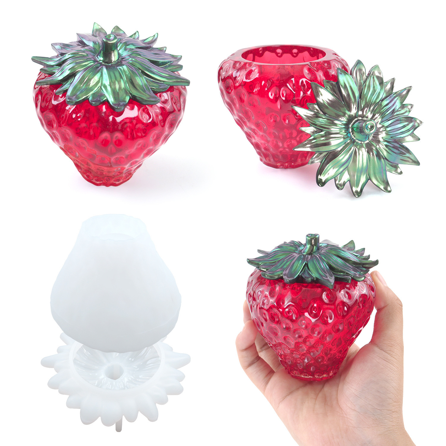 2pcs/Set 3D Strawberry Storage Box Silicone Molds, Crystal Jar Moulds for Resin Epoxy,Handmade Trinkets Storage Box Craft Making Tools