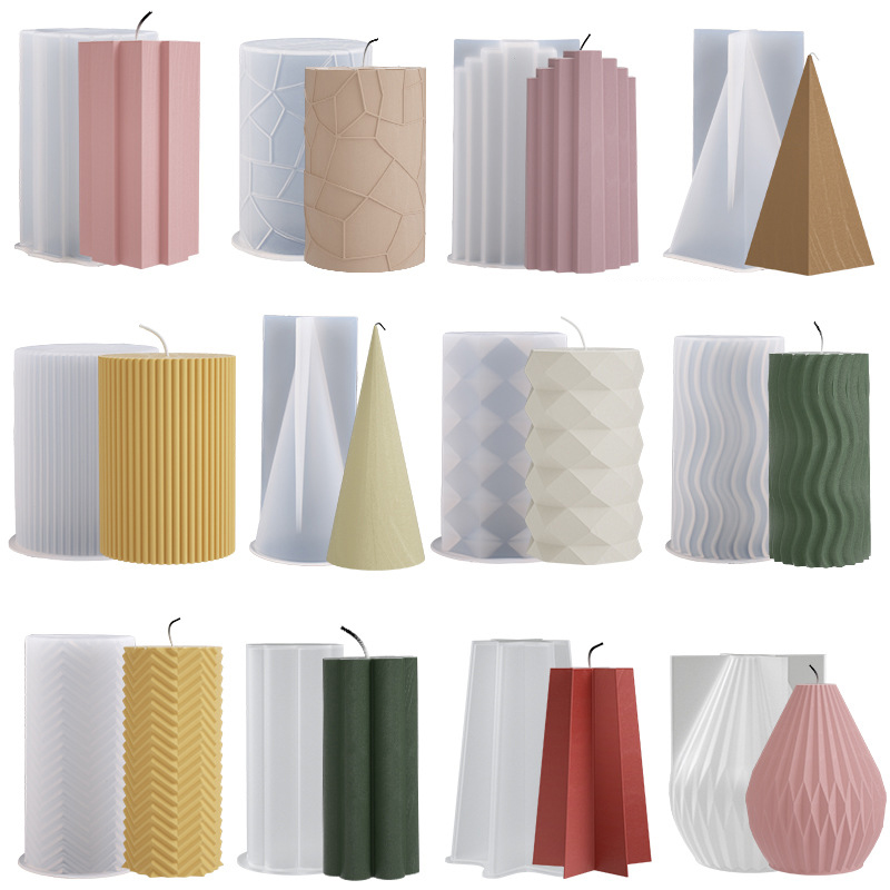 Amazon Hot Sale Resin Candle Stripe Cylinder Triangular Multilateral Cone Fold Grain Curved Silicone Mold