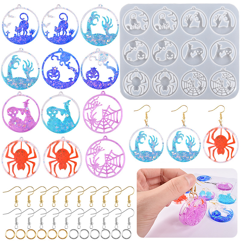 Hot DIY Halloween Witch Demon Cat Hand Pumpkin Spider Earrings Pendant Resin Silicone Mold