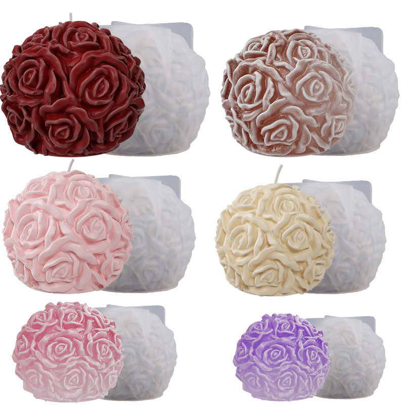 Rose Ball Candle Molds 3D Rose Flowers Silicone Mould Valentine's Day Resin Casting Mold for DIY Candle Making Homemade Soap Polymer Clay Craft Plaster (6 Sizes)