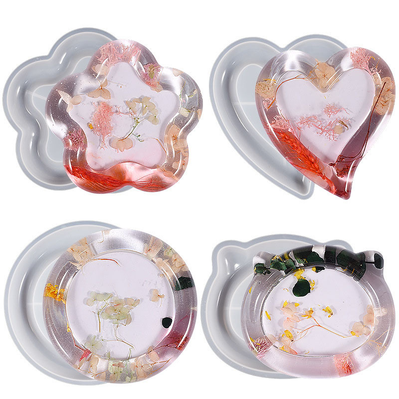 Love Heart Flower Bear Shaped Epoxy Silicone Casting Molds Coaster Tray for Cup Fruit Candy Vase Holder Articles Ornaments,3D DIY Display Decor Crafts (4 Shapes)