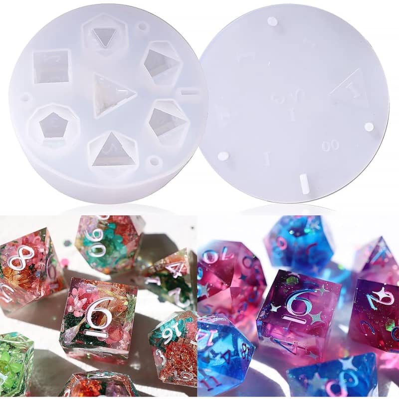Dice Resin Molds Silicone, DND Dice Epoxy Resin Molds with 7 Standard Polyhedral Stereoscopic Dice Cavities, Silicone Molds for Epoxy Resin DIY Dices Making
