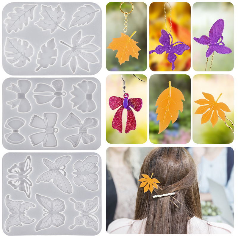 3 Shapes Hairpin Resin Molds with Hair Stick Jewelry Making Kit Butterfly/Bow Tie/Leaves Silicone Molds Hair Clip Epoxy Casting Mold DIY Earrings Pendant