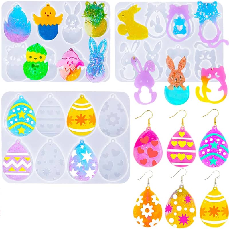 3 Shapes Easter Resin Earring Mold Easter Egg Silicone Resin Mold Bunny Earring Molds Casting Epoxy Mold Easter Charm Molds for DIY Crafts Jewelry Making Keychains