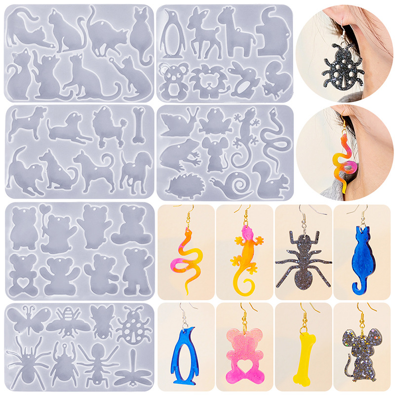 DIY Crystal Resin Animal Series Earrings Silicone Mold Cat Violent Bear Puppy Insect Pendant Tag Mold