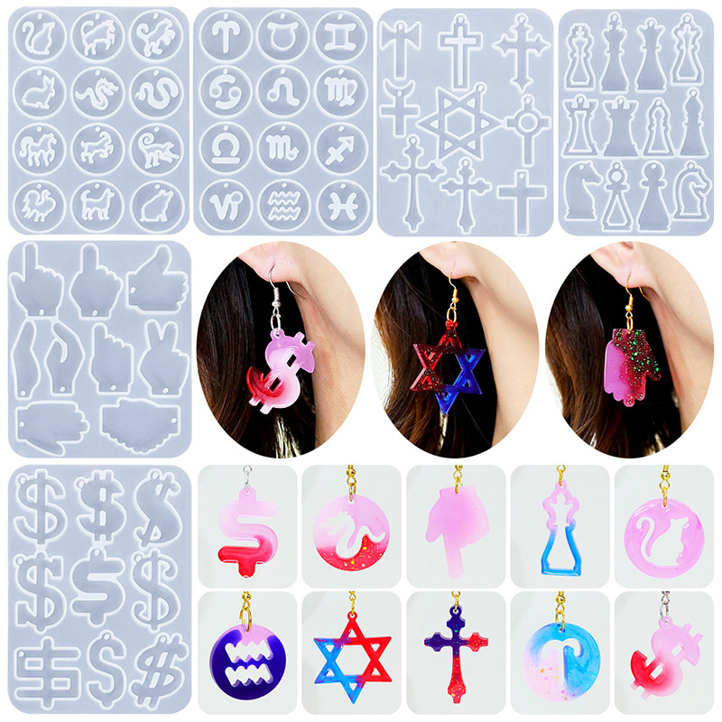 DIY Crystal Resin Multiple Series Earrings Pendant Mold 12 Zodiac Cross Chess Dollar Gesture Mold Factory Whole