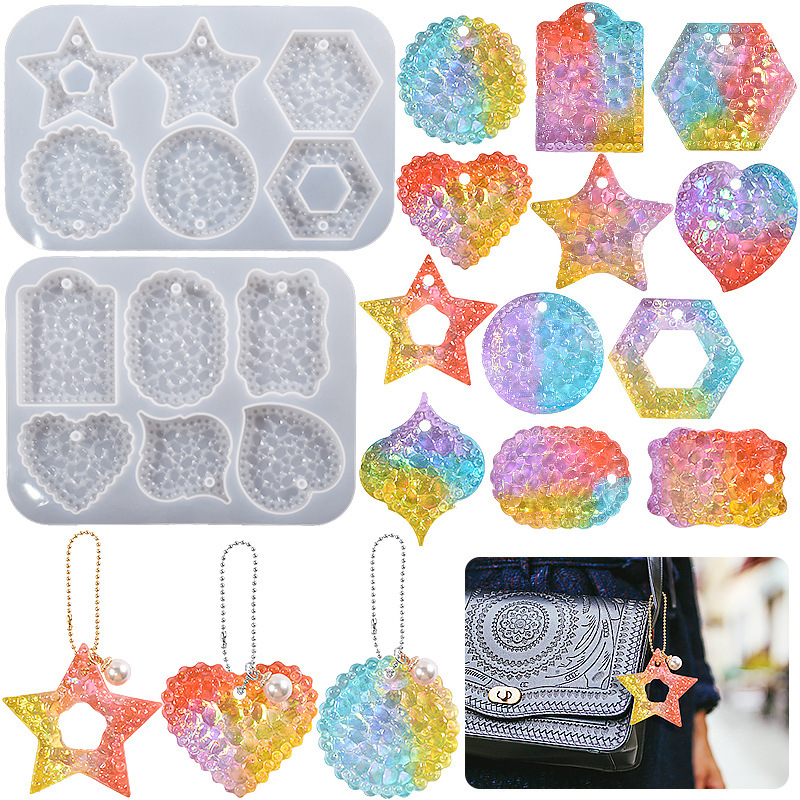 2Pcs DIY Resin Diamond Pattern Pentagram Love Round Tag Pendant Keychain Silicone Molds