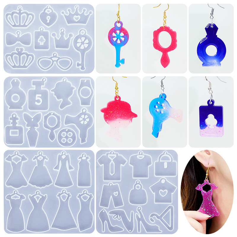 4Pcs Crystal Resin Princess Series Earrings Pendant Silicone Mold Dress Heels Perfume Bottle Crown Mould For DIY Making