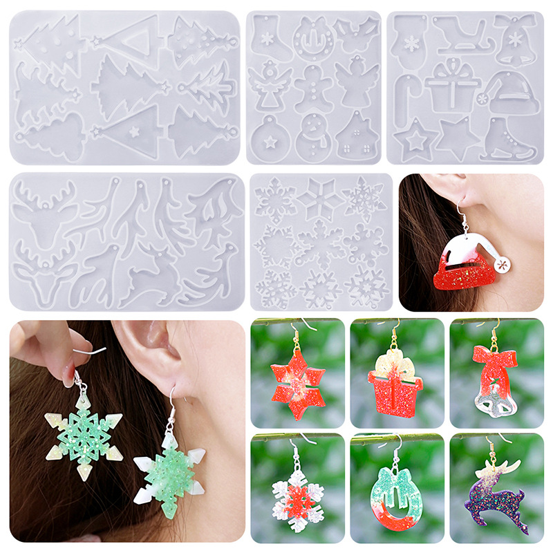 Factory Sales Resin Silicone mold Christmas Pendant Earrings Christmas Tree Snowflake Lin Antler Earrings Mirror Silicone Molds For DIY Making