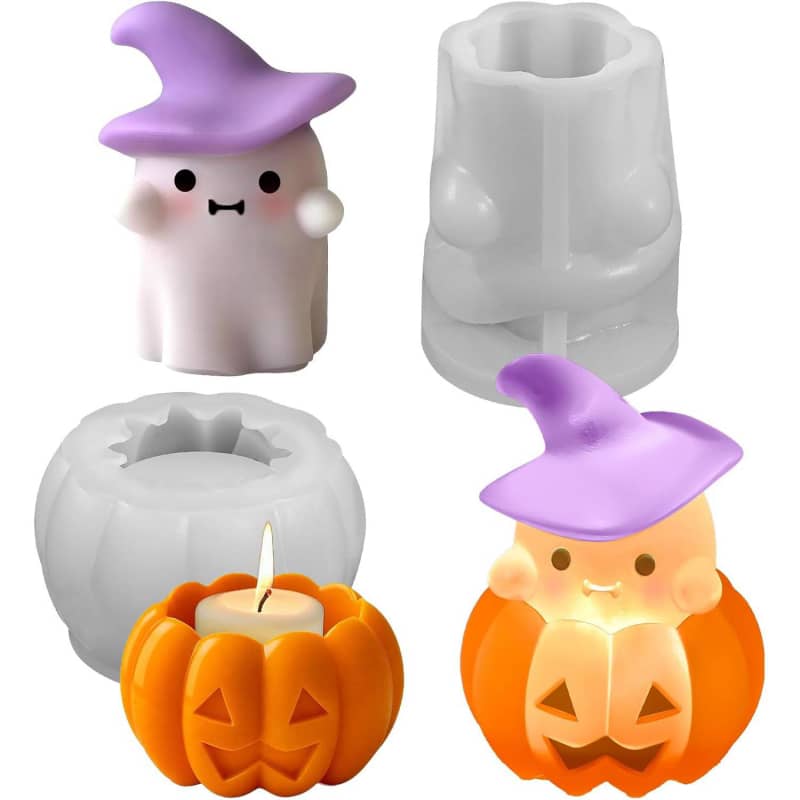 Set of Pumpkin + Ghost Silicone Molds for DIY Fun Cute Candlestick Holder Tealight Candles Wax Soap Plaster Epoxy Resin Craft Casting Thanksgiving Décor