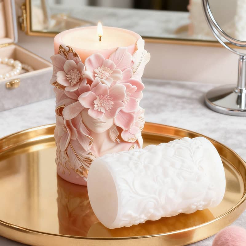 Relief column candle mold - waves, flowers, butterflies - pillar scented home decoration - flower cylinder Silicone mold